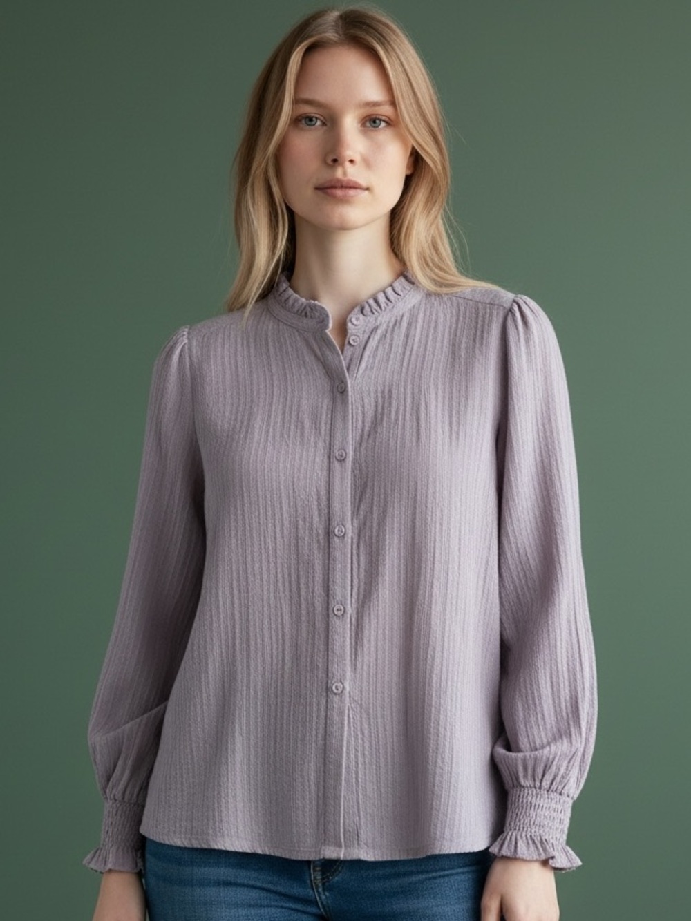 ❤️ LOFT Violet Gray Textured Ruffle High Collar Blouse